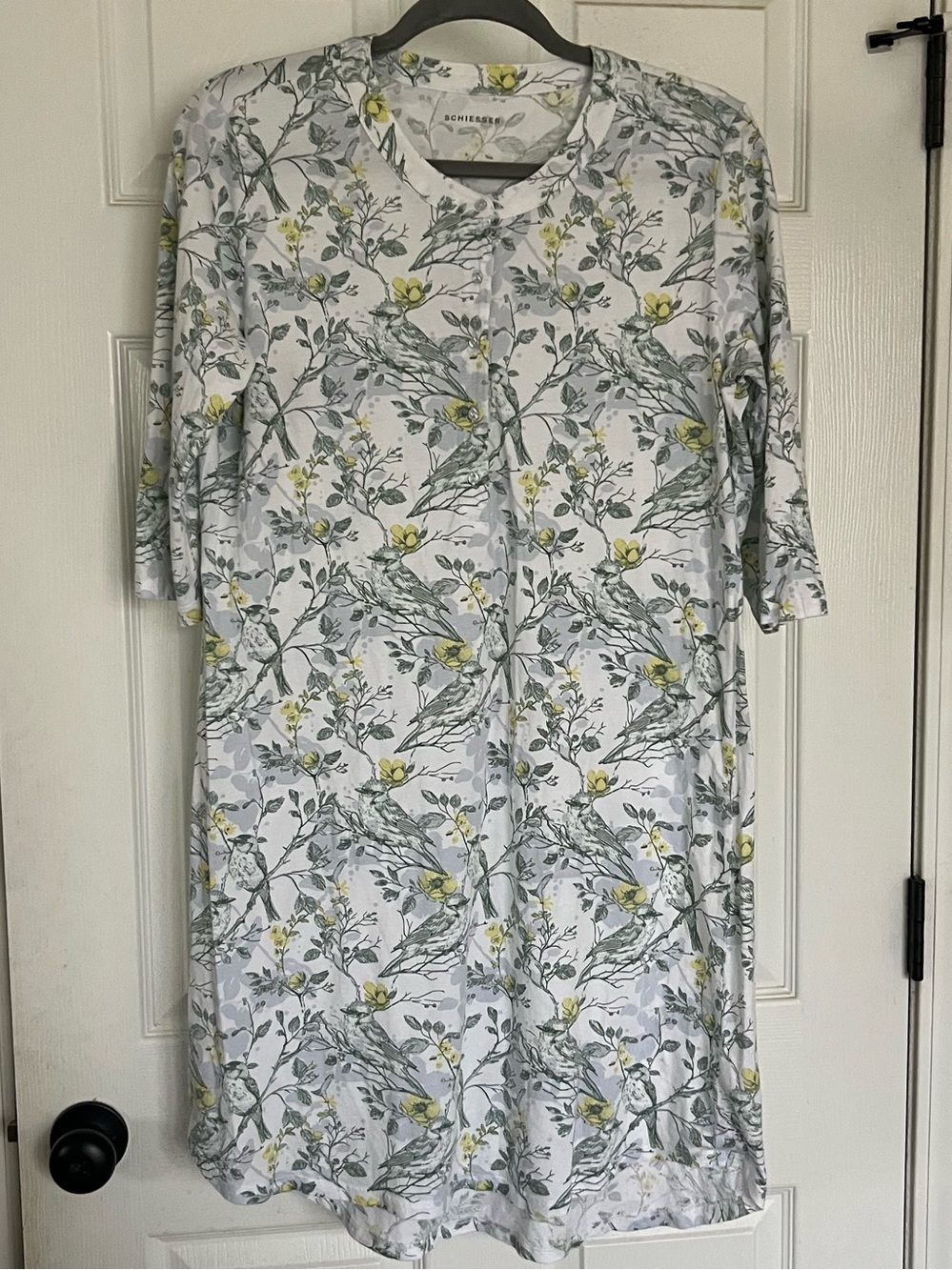 Schiesser Grey Yellow Floral Botanical Cotton Nightgown Sleepshirt M